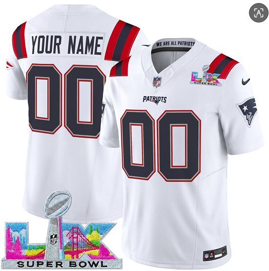 Men's New England Patriots Active Player Custom White 2025 F.U.S.E. Super Bowl LX Patch Vapor Limited Football Stitched Jersey