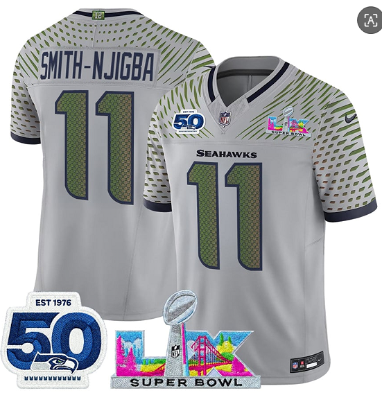 Men's Seattle Seahawks #11 Jaxon Smith-Njigba Gray 2025 F.U.S.E. Super Bowl LX Patch And 50th Season Patch “Rivalries” Vapor Limited Football Stitched Jersey