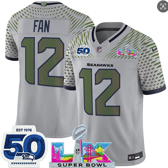 Men's Seattle Seahawks #12 Fan Gray 2025 F.U.S.E. Super Bowl LX Patch And 50th Season Patch “Rivalries” Vapor Limited Football Stitched Jersey