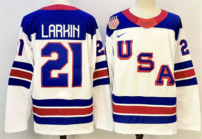 Men's USA #21 Dylan Larkin White 2025-2026 Stitched Jersey