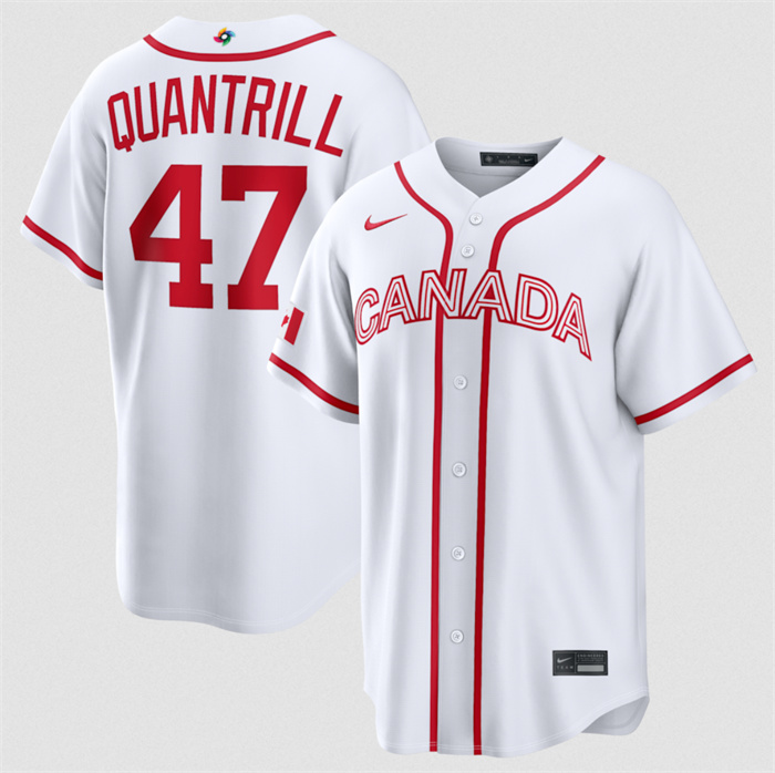 Men's Canada Baseball #47 Cal Quantrill White 2026 World Baseball Classic Home Stadium Stitched Jersey