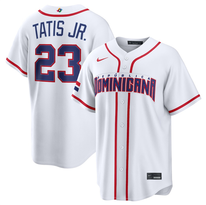 Men's Dominican Republic Baseball #23 Fernando Tatis Jr. White 2026 World Baseball Classic Home Stadium Stitched Jersey