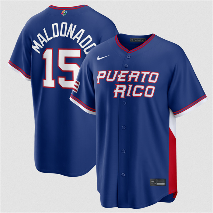 Men's Puerto Rico Baseball #15 Martín Maldonado Blue 2026 World Baseball Classic Road Stadium Stitched Jersey