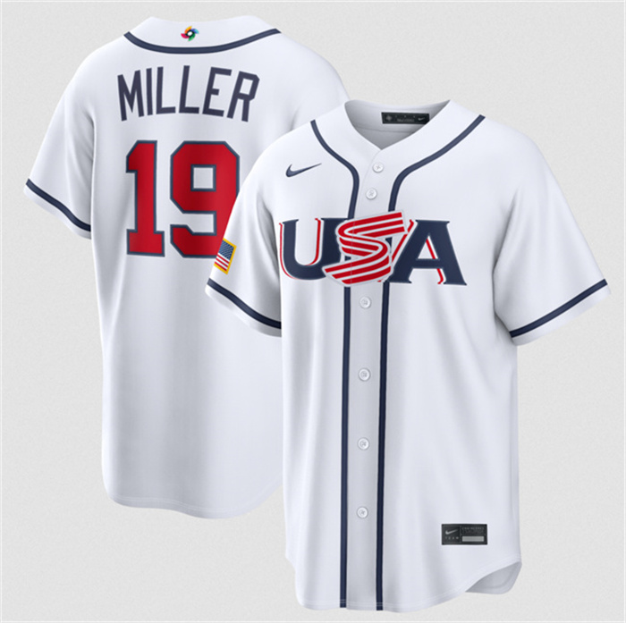 Men's USA Baseball #19 Mason Miller White 2026 World Baseball Classic Home Stadium Stitched Jersey