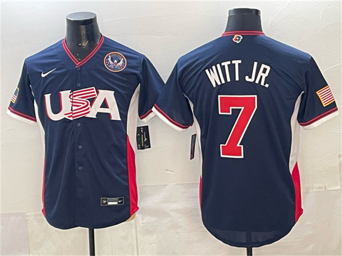 Men's USA Baseball #7 Bobby Witt Jr. Navy 2026 World Baseball Classic United States 250th Anniversary Patch Road Stadium Stitched Jersey