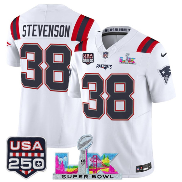 Men's New England Patriots #38 Rhamondre Stevenson White 2025 F.U.S.E. Super Bowl LX Patch And USA 250' Patch Vapor Limited Football Stitched Jersey