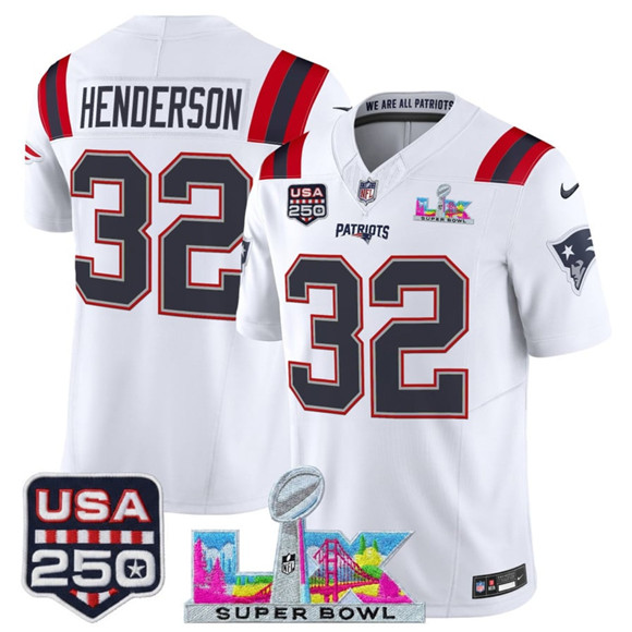 Men's New England Patriots #32 TreVeyon Henderson White 2025 F.U.S.E. Super Bowl LX Patch And USA 250' Patch Vapor Limited Football Stitched Jersey