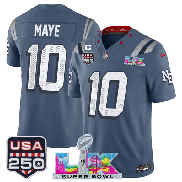 Men's New England Patriots #10 Drake Maye Storm Blue 2025 F.U.S.E. 1-Star C Patch And Super Bowl LX Patch & USA 250' Patch “Rivalries” Vapor Limited Football Stitched Jersey