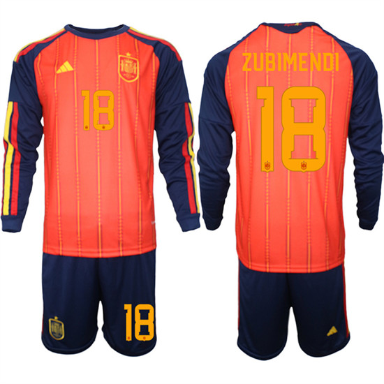 Men's Spain #18 ZUBIMENDI National Team FIFA x World Cup 2026 Long Sleeve Home Red On Field Jerseys
