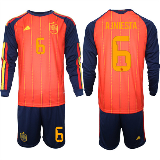 Men's Spain #6 A.INIESTA National Team FIFA x World Cup 2026 Long Sleeve Home Red On Field Jerseys