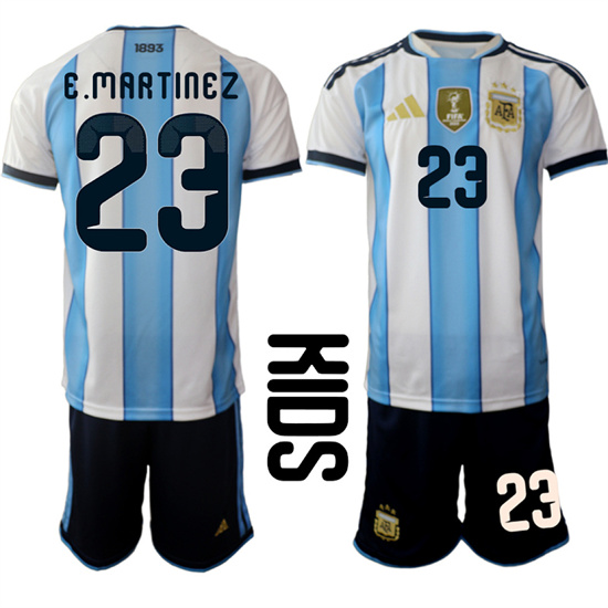 Youth Argentina #23 E.MARTINEZ National Team FIFA x World Cup 2026 Home White On Field Kids Jersey