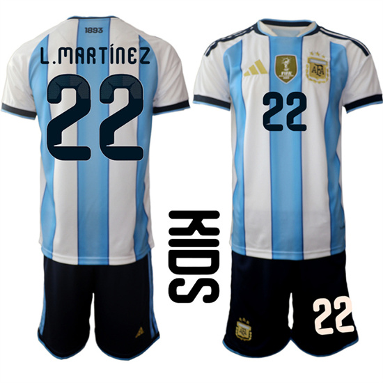 Youth Argentina #22 L.MARTINEZ National Team FIFA x World Cup 2026 Home White On Field Kids Jersey