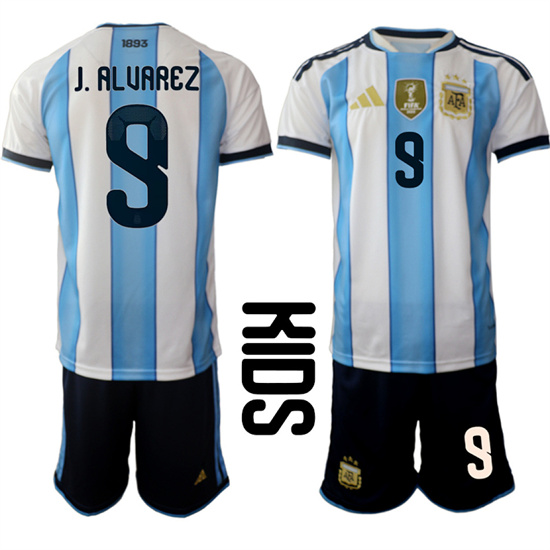 Youth Argentina #9 J.ALUAREZ National Team FIFA x World Cup 2026 Home White On Field Kids Jersey