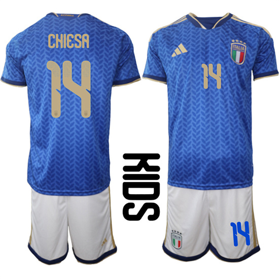 Youth Italy #14 CHIESA National Team FIFA x World Cup 2026 Home Blue On Field Kids Jerseys