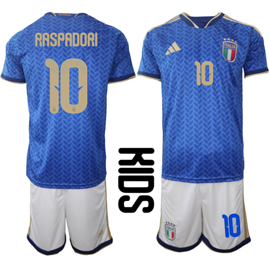 Youth Italy #10 RASPADORI National Team FIFA x World Cup 2026 Home Blue On Field Kids Jerseys