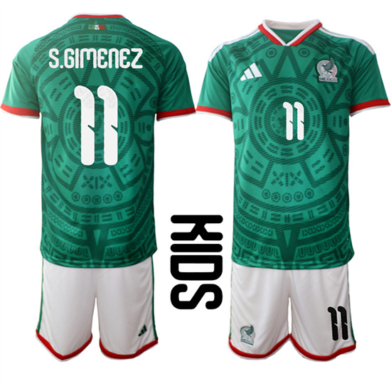 Youth Mexico #11 S.GIMENEZ National Team FIFA x World Cup 2026 Home Green On Field Kids Jersey