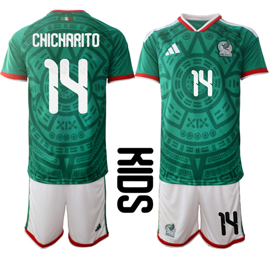 Youth Mexico #14 CHICHARITO National Team FIFA x World Cup 2026 Home Green On Field Kids Jersey