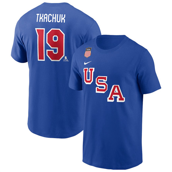 Men's US Hockey #19 Matthew Tkachuk Royal 2026 Name & Number T-Shirt