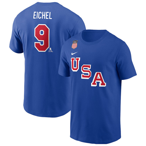 Men's US Hockey #9 Jack Eichel Royal 2026 Name & Number T-Shirt
