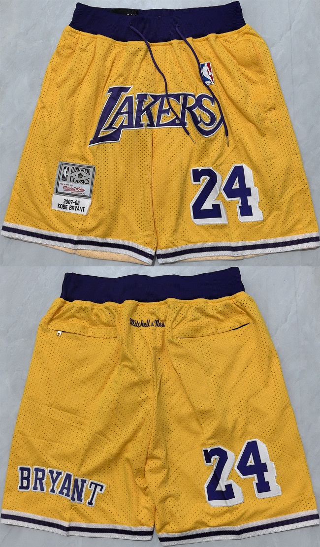 Men's Los Angeles Lakers #24 Kobe Bryant Yellow Shorts (Run Small)