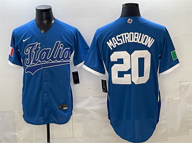 Men's Italy Baseball #20 Miles Mastrobuoni Blue 2026 World Baseball Classic Home Stadium Stitched Jersey