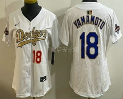 Women's Los Angeles Dodgers #18 Yoshinobu Yamamoto White Gold Champions Limited Jersey