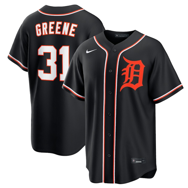 Men's Detroit Tigers #31 Riley Greene Black Out Stitched Baseball Jersey