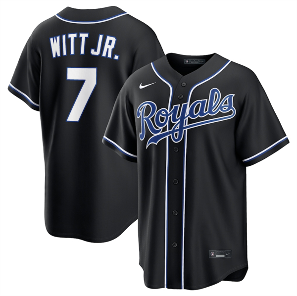 Men's Kansas City Royals #7 Bobby Witt Jr. Black Out Stitched Baseball Jersey