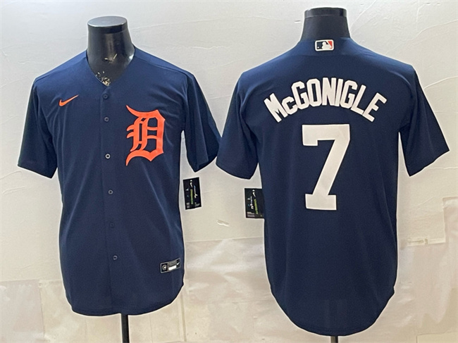Mens Detroit Tigers #7 Kevin McGonigle Navy Cool Base Stitched Baseball Jersey