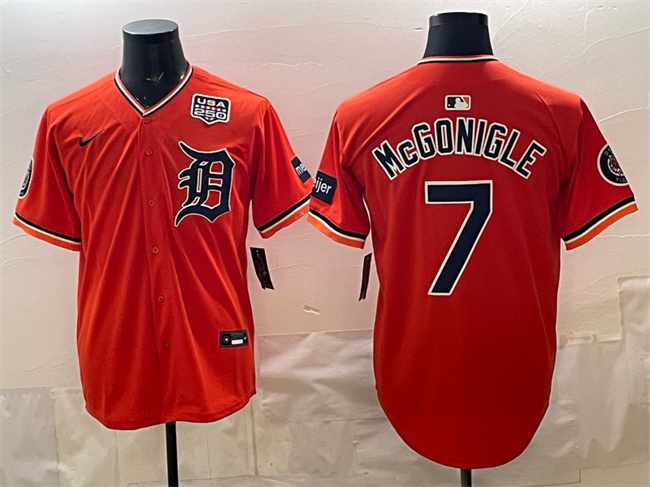 Men's Detroit Tigers #7 Kevin McGonigle Orange 2026 Alternate With Meijer Patch & USA 250' Patch Vapor Premier Limited Stitched Baseball Jersey