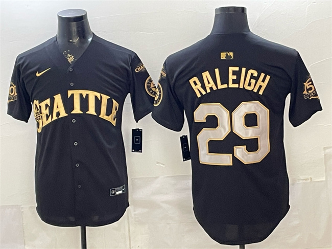 Men's Seattle Mariners #29 Cal Raleigh Black Gold 50th Anniversary & AL West Division Champions Patch Vapor Limited Stitched Baseball Jersey