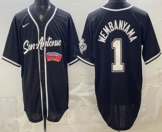 Men's San Antonio Spurs #1 Victor Wembanyama Black Stitched Baseball Jersey