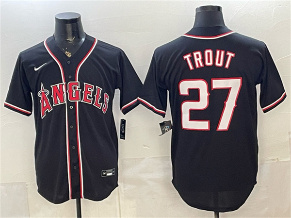 Men's Los Angeles Angels #27 Mike Trout 2026 Fashion Black Out Stitched Baseball Jersey