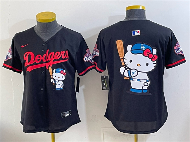 Women's Los Angeles Dodgers Team Big Logo Black Hello Kitty Night 2025 World Series Champions Patch Stitched Baseball Jersey(Run Small)