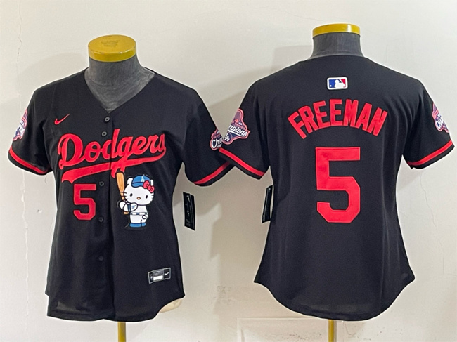 Women's Los Angeles Dodgers #5 Freddie Freeman Black Hello Kitty Night 2025 World Series Champions Patch Stitched Baseball Jersey(Run Small)