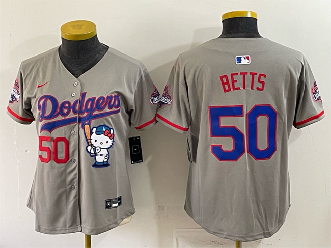 Women's Los Angeles Dodgers #50 Mookie Betts Grey Hello Kitty Night 2025 World Series Champions Patch Stitched Baseball Jersey(Run Small)