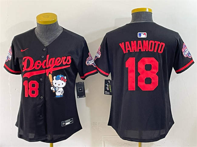 Women's Los Angeles Dodgers #18 Yoshinobu Yamamoto Black Hello Kitty Night 2025 World Series Champions Patch Stitched Baseball Jersey(Run Small)