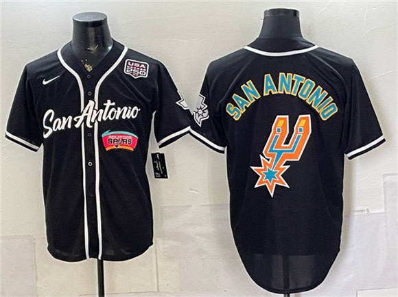 Men's San Antonio Spurs Team Big Logo Black USA 250' Patch Stitched Baseball Jersey