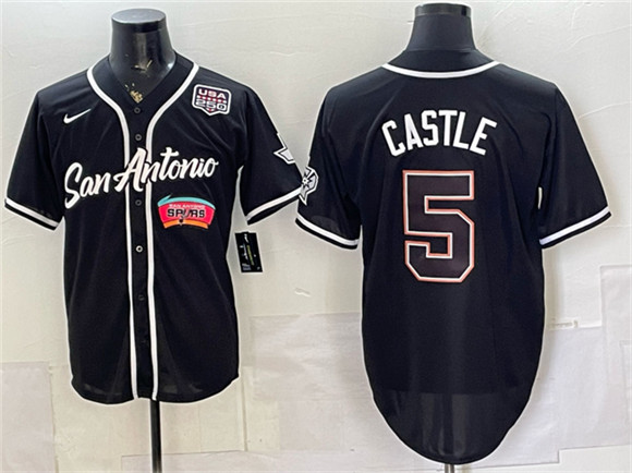 Men's San Antonio Spurs #5 Stephon Castle Black USA 250' Patch Stitched Baseball Jersey