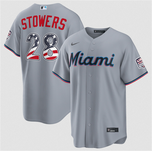 Men's Miami Marlins #28 Kyle Stowers Gray USA 250 Fourth of July Home Stitched Baseball Jersey
