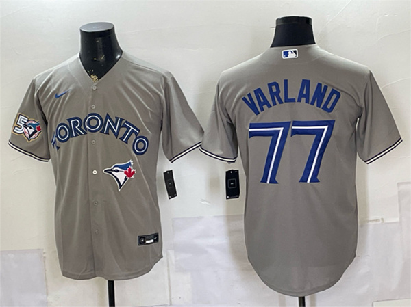 Men's Toronto Blue Jays #77 Louis Varland Gray 50 Seasons Patch Stitched Baseball Jersey