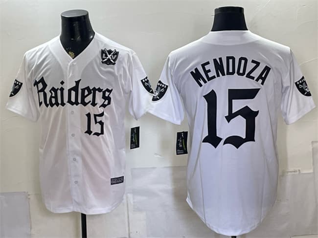 Men's Las Vegas Raiders #15 Fernando Mendoza White 'Gothic Sin City Shadows Edition' With 65th Anniversary Patch Vapor Limited Stitched Baseball Jersey