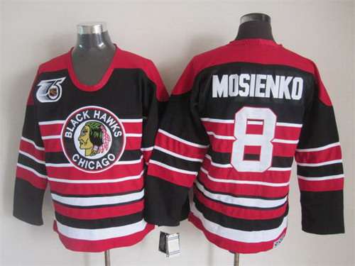 Chicago Blackhawks #8 Bill Mosienko Black Pinstripe 75TH CCM Vintage Throwback Jersey Chicago Blackhawks #8 Bill Mosienko Black Pinstripe 75TH CCM Vintage Throwback Jersey